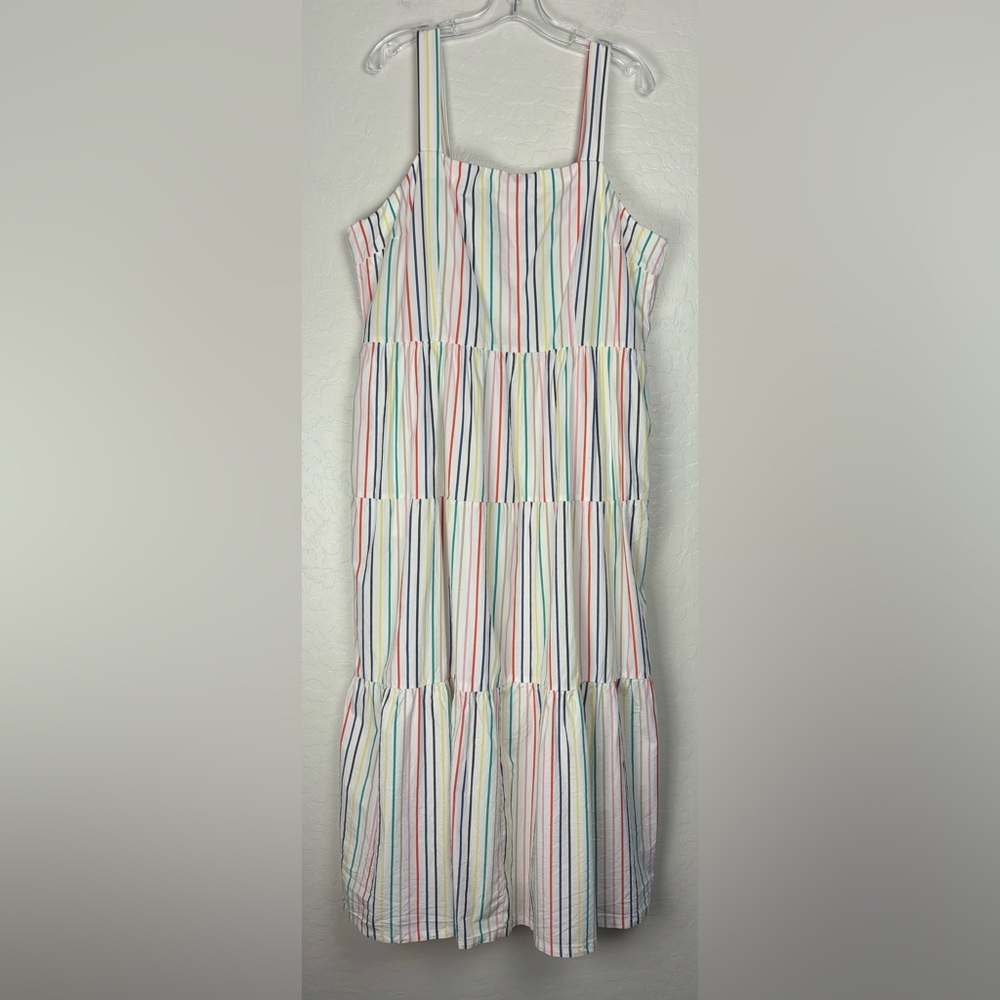 J. Crew Tiered Maxi Dress Cotton Poplin White Rainbow Striped Size 20 Lined 0636